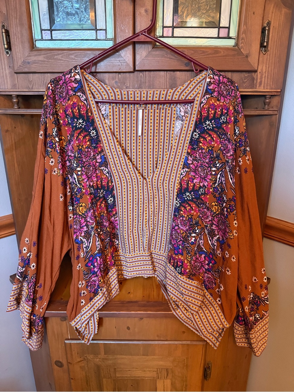 Free People "Mix and Match" bohemian Blouse in the Rust Combo Rust Floral Top L